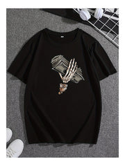 Unisex Cotton Short Sleeve Skull Hand Print Tee Regular Fit