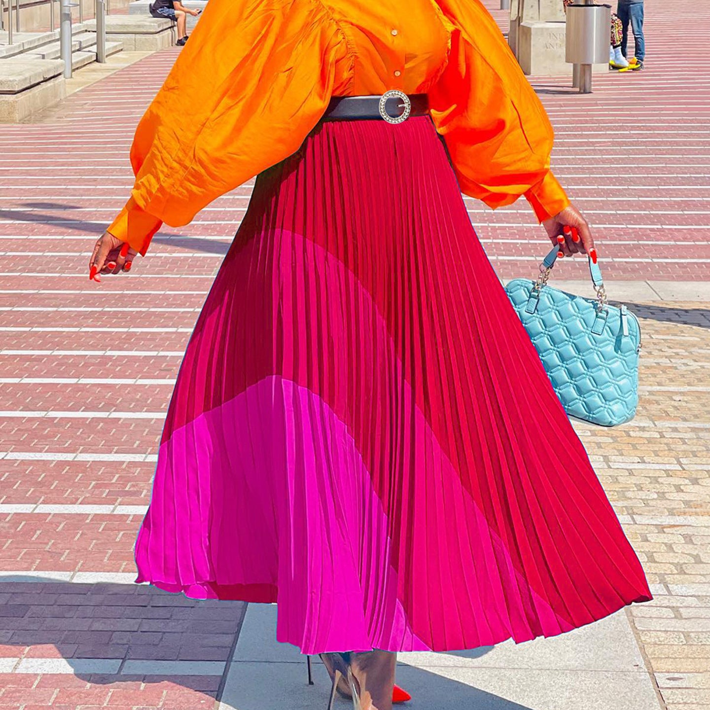 Colorblock Long A-Line Skirt with Belt – Street Fashion Pleated Maxi Skirt