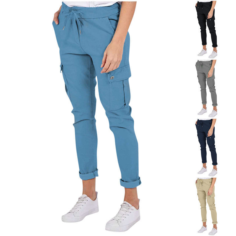 Women Slim Cargo Pencil Trousers Polyester Solid Color