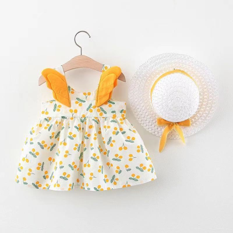 Summer New Girl's Big Dot Wings Princess Dress Hat Beach Dress