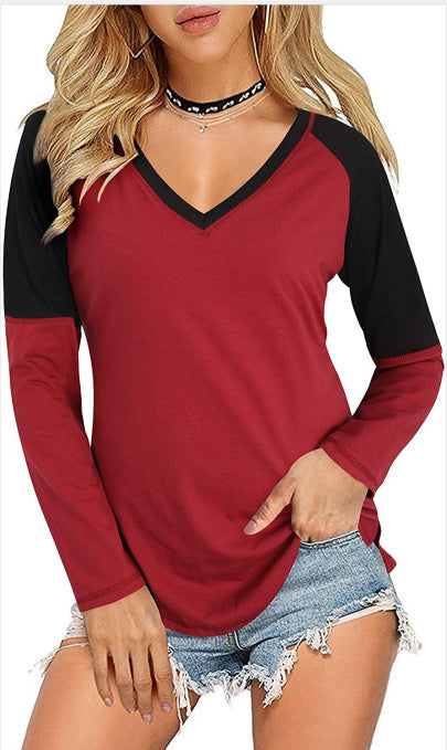 Colorblock Long-sleeved Slim T-shirt Bottoming Shirt For Women