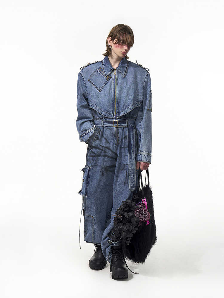 Men’s Dirty Dyed Denim Jumpsuit – Washed Blue Zipper Jeans One-Piece