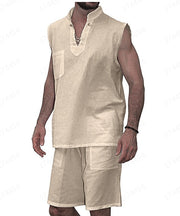 Men's Casual Solid Color Lace-Up Vest Two-Piece Set