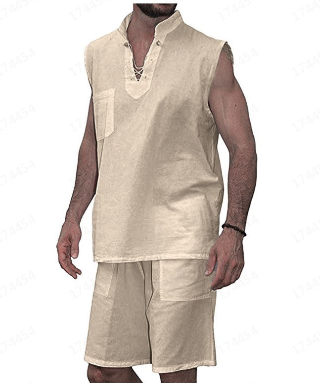 Men's Casual Solid Color Lace-Up Vest Two-Piece Set