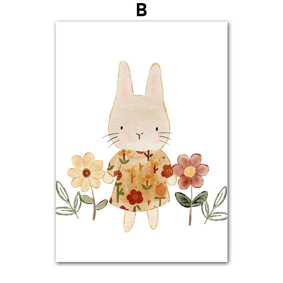 Bohemian Nursery Wall Art – Cartoon Bear, Rabbit, Alpaca, Rainbow & Sun Canvas Painting