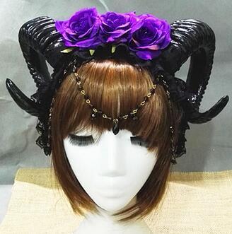 Three Roses Headband Halloween Vampire Demonsheep Horn Veil Hair Accessories