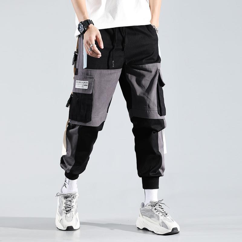 Men’s Hip-Hop Contrast Stitch Drawstring Cargo Pants – Streetwear Style