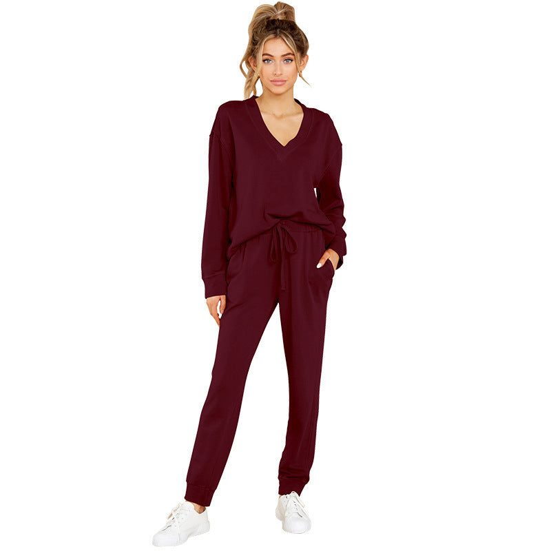 Unisex V Neck Loose Polyester Lounge Suit Solid Color