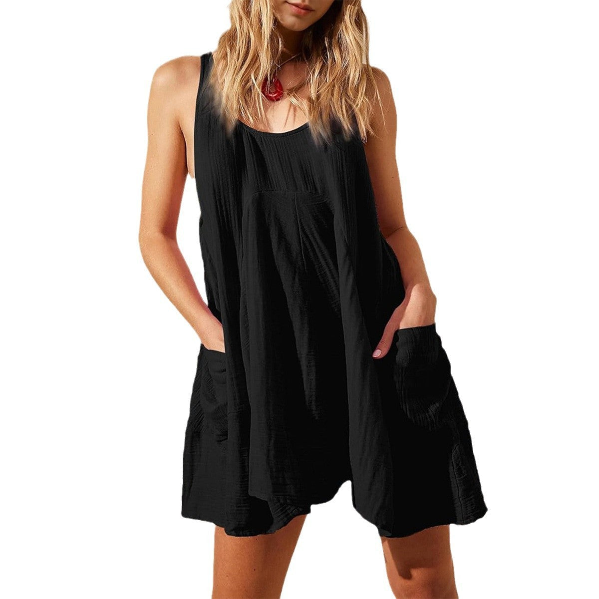 Casual Loose Vacation Style Solid Color Pocket Dress Short Skirt Women's Clothing
