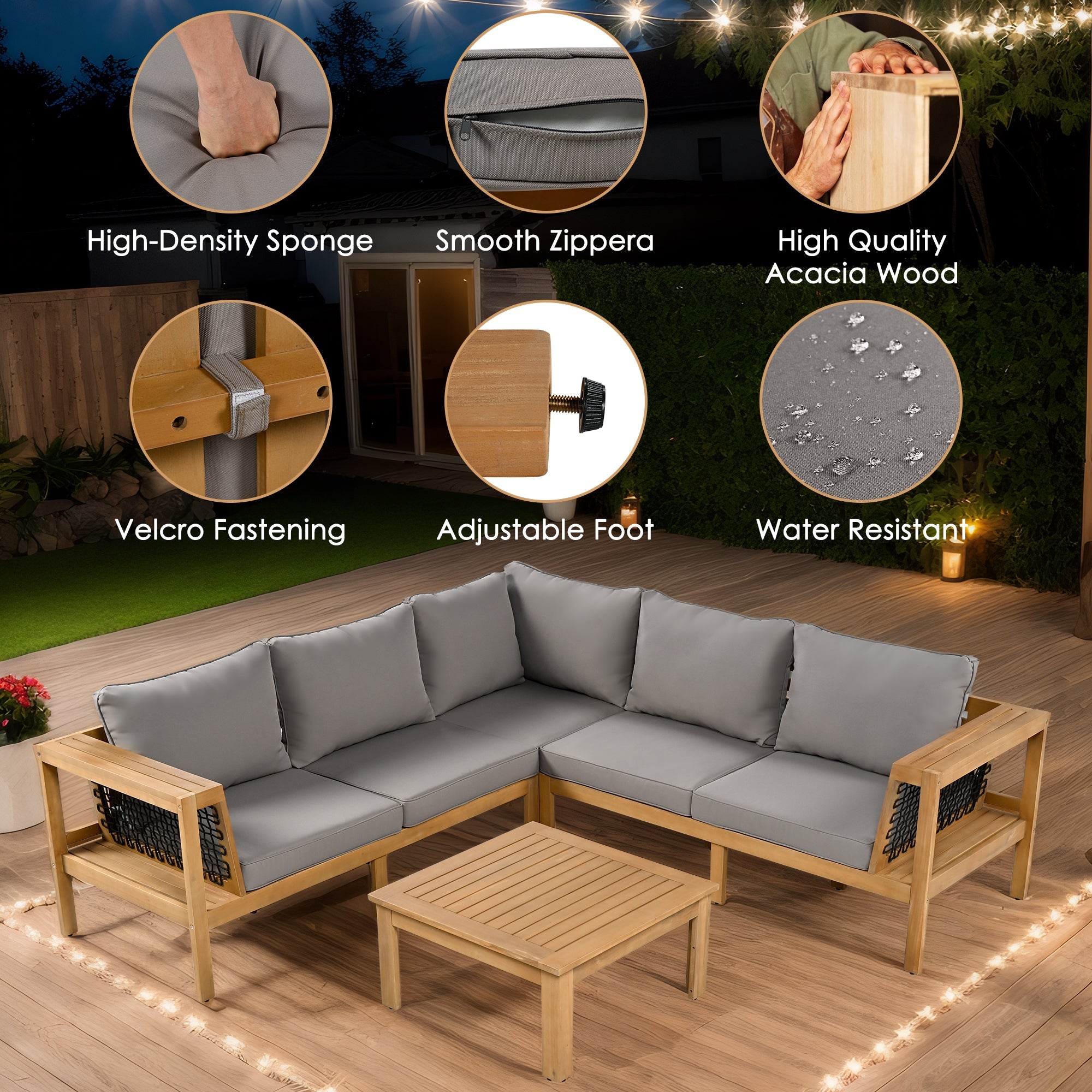 4 Pieces Outdoor Acacia Wood Sofa Set, Mga Habi na Mesh Armrest, L-Shaped