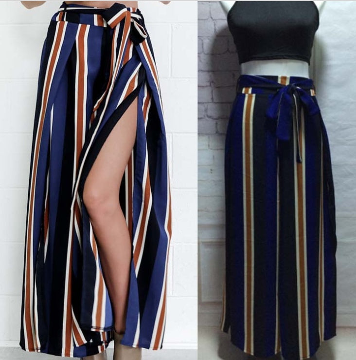 Women’s Striped Wide-Leg Split Hem High Waist Cotton Pants – Casual Streetwear