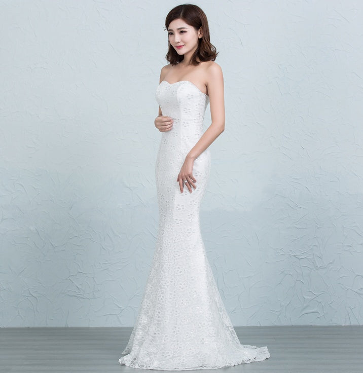 Sequined Lace Waist Fishtail Wedding Dress with Tube Top and Strap Back