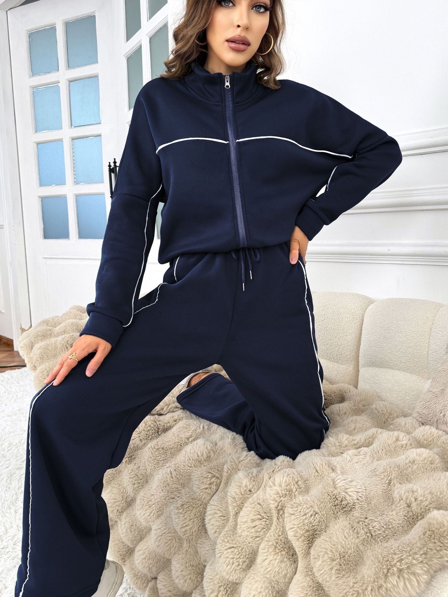 Women's Casual Long-sleeved Half Turtleneck Cardigan Sweater Lace-up Striped Trousers