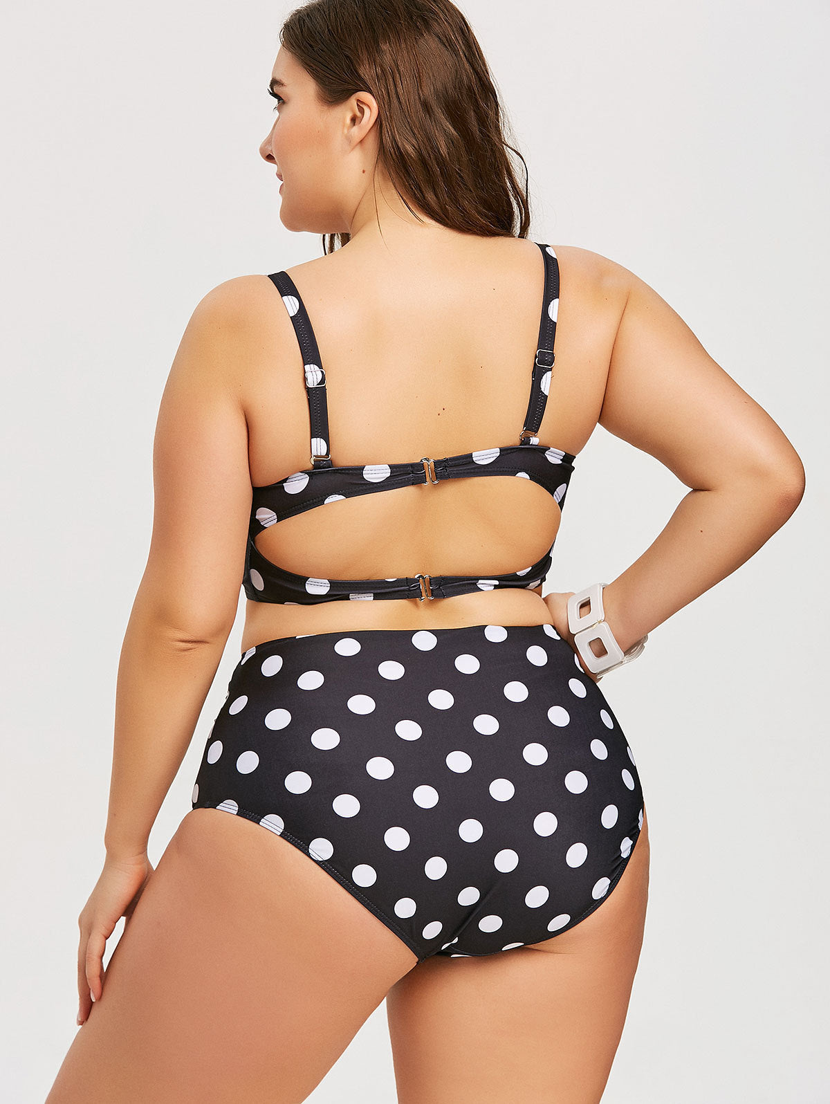 Womens Retro Black Polyester TwoPiece Swimsuit Set PlusSize