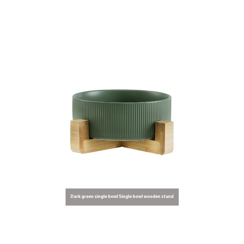 Pet Simple Wooden Frame Anti-tumble Ceramic Bowl