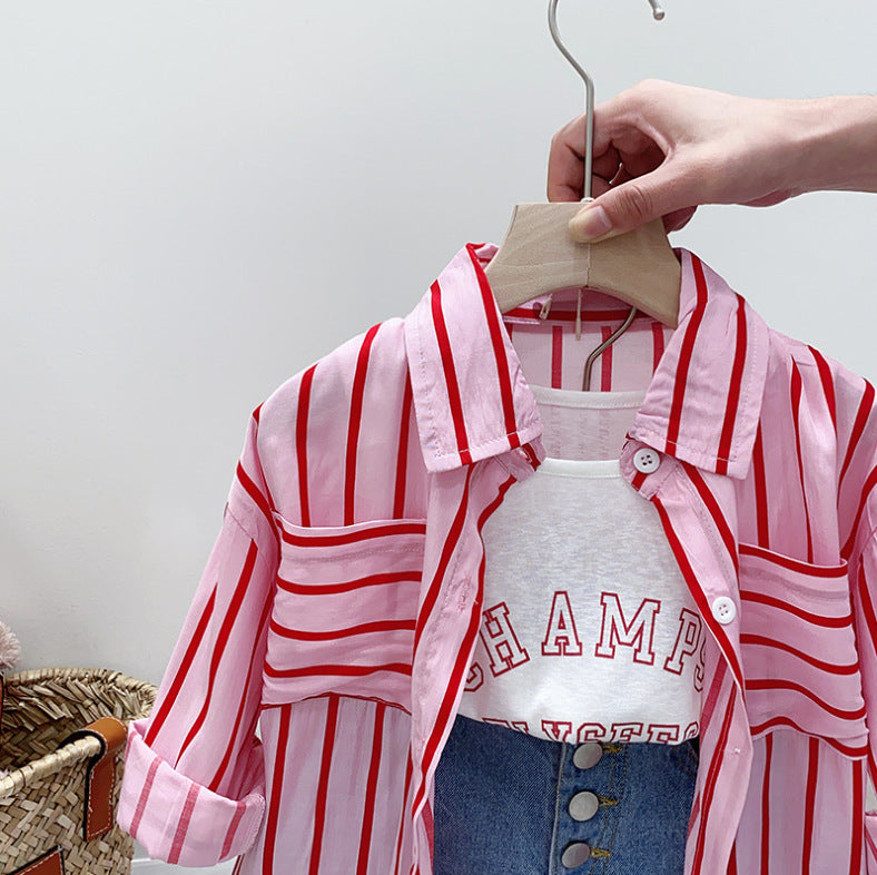 Young And Little Girls Striped Long Sleeve Shirt Three-piece Suit