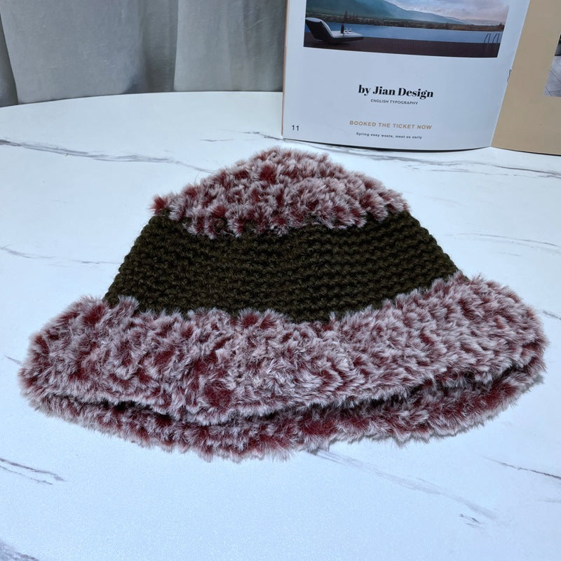 Korean-Style Plush Wool Wide-Brim Fisherman Hat with Dome Crown