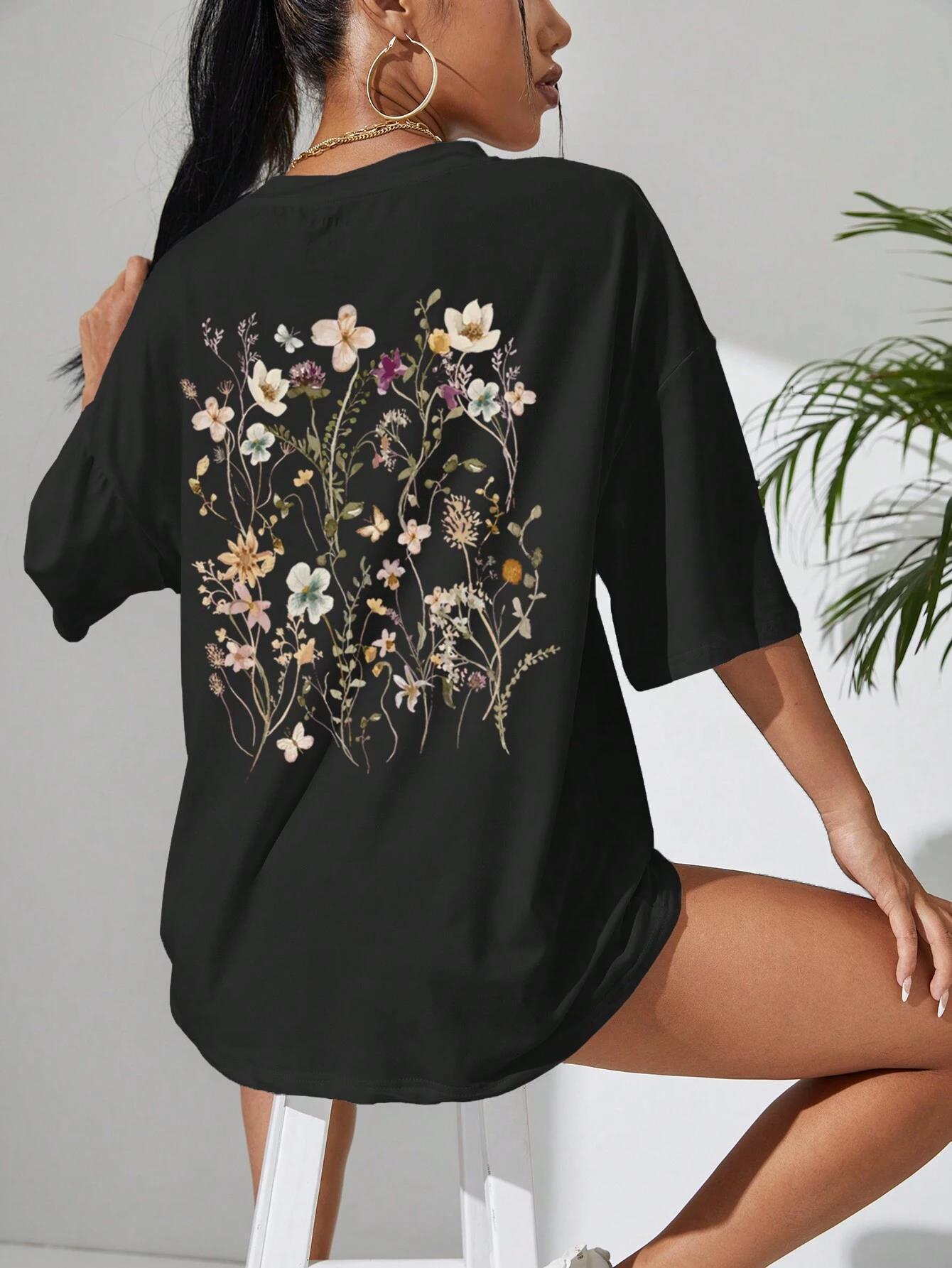 Women's Loose Fit Cotton Flower Clusters Print T Shirt