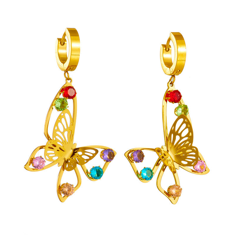 Titanium Steel Hollow Jeweled Butterfly Earrings