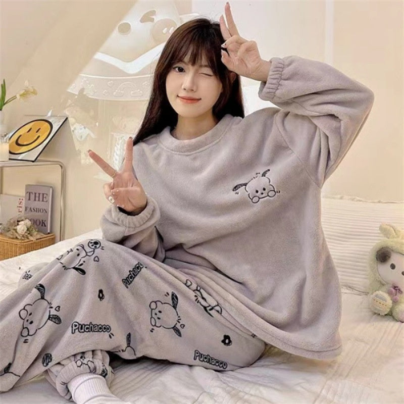 Womens Coral Fleece Winter Pajamas Relaxed Fit Long Sleeve