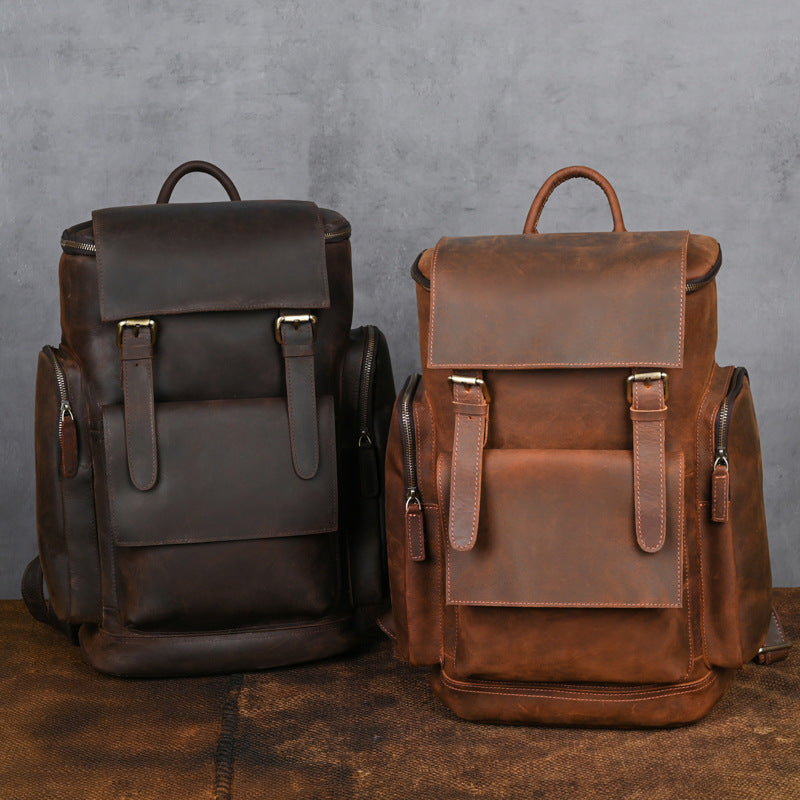 Mens Crazy Horse Leather Backpack Solid Color Cowhide Bag