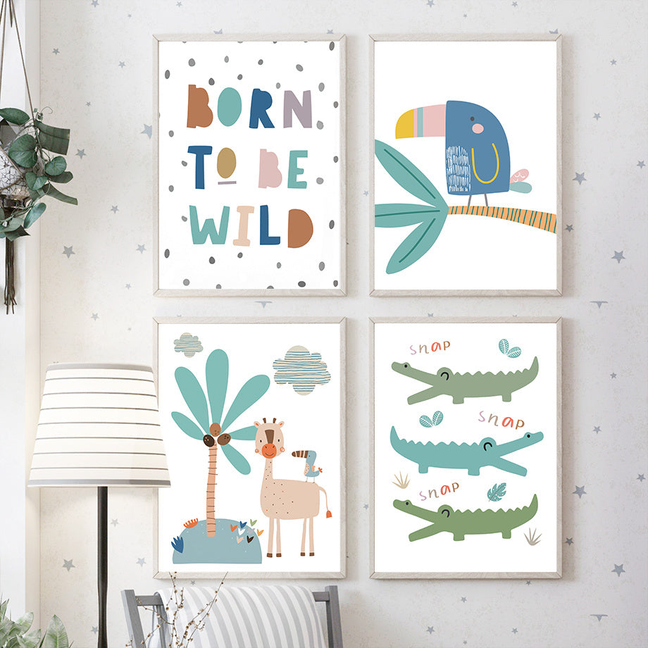 Safari Jungle Animal Wall Art – Giraffe, Lion, Elephant & Toucan Nordic Style Canvas Poster