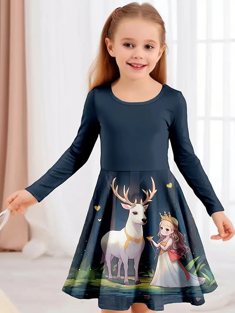 Girl's Long-sleeved Dress Christmas Deer