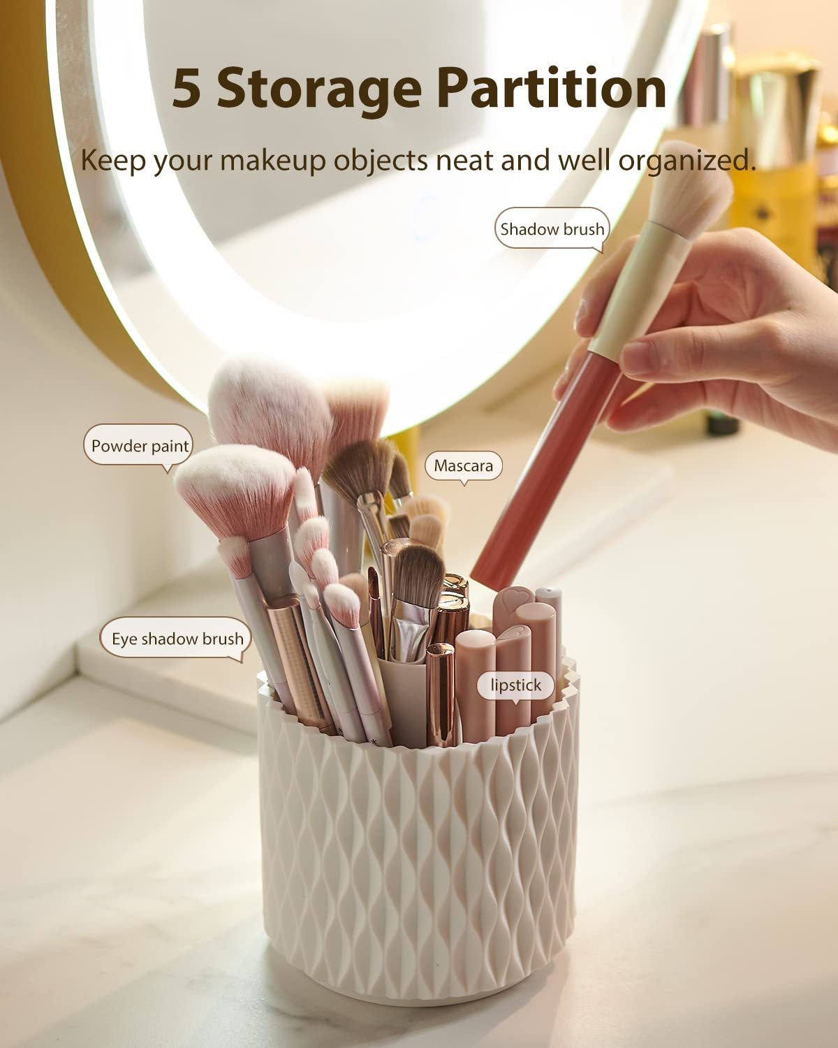 Makeup Brush Holder – Dustproof Waterproof 360° Rotating Organizer with Lid for Vanity