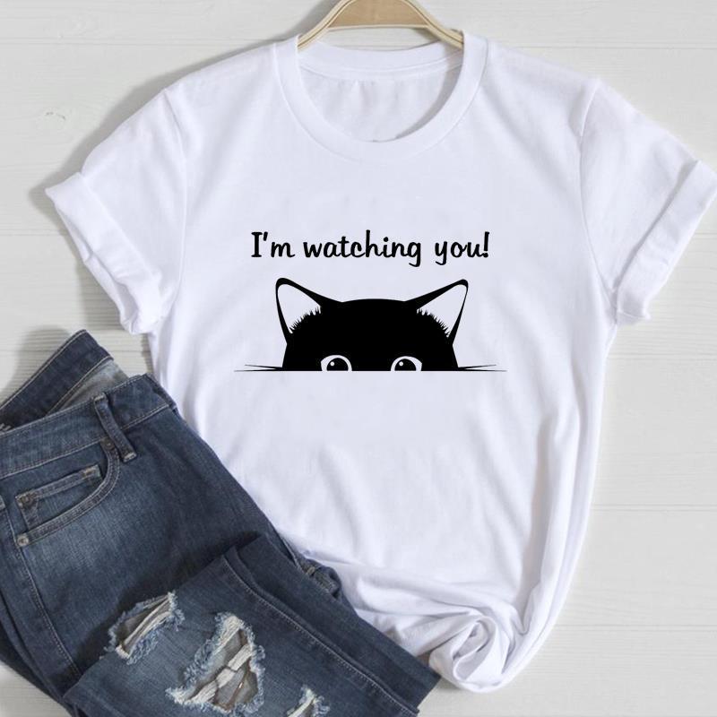 Cute Cat Print T-Shirt – Women's European & American Style Short Sleeve Top