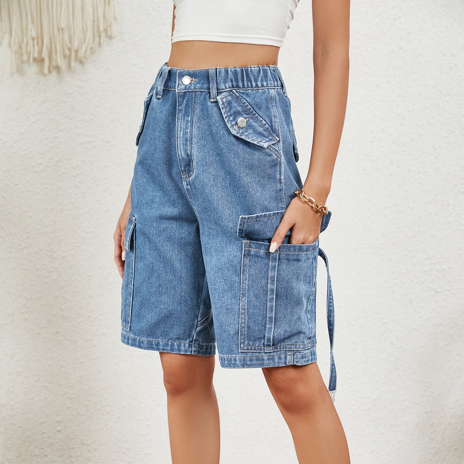 Distressed Denim Cargo Shorts – Mid Waist Straight Leg Street Style Overalls for Women