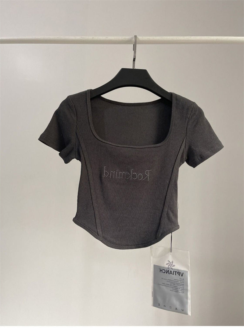Hot Girl Short High Waist Crop Top Women's Summer Sexy Tight Curved Hem Short Sleeve T-shirt