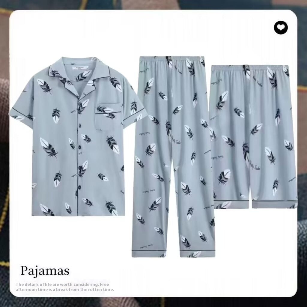 Three-piece Pajamas Men's Summer Pure Cotton Short Sleeve Trousers Suit