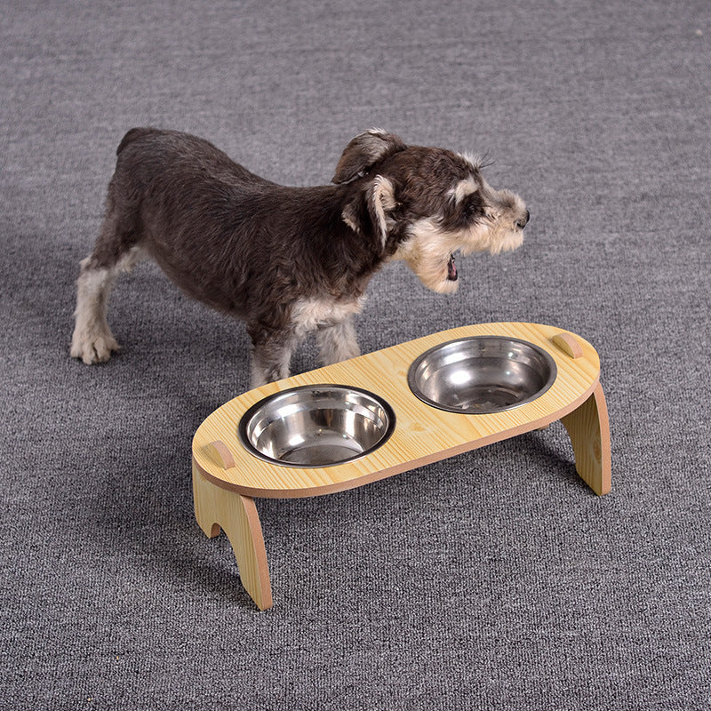 Double Bowl 15 Degrees Cervical Spine Dog Food Bowl Wooden Stand