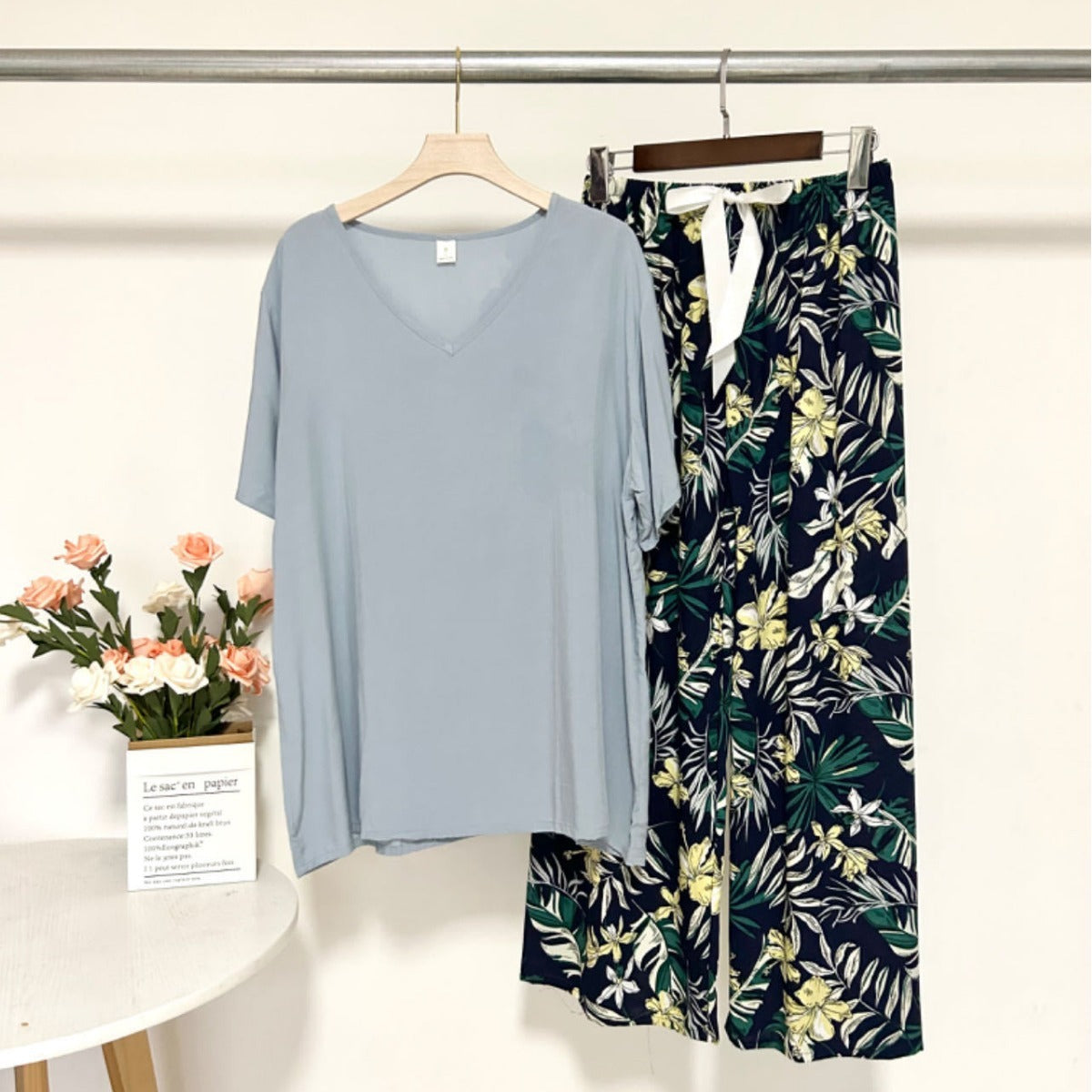 Summer Artificial Cotton Thin Short Sleeve Pants Loungewear Suit