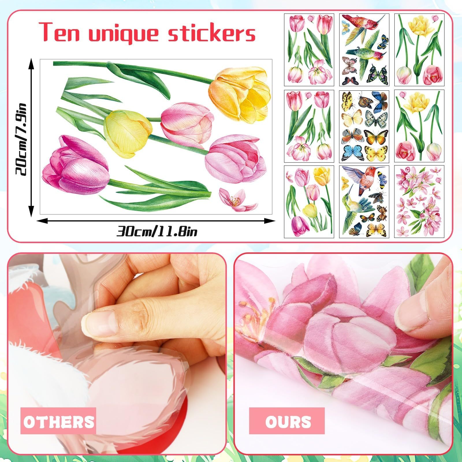 Spring Window Stickers – 9 Sheets Self-Adhesive Flowers, Butterflies & Hummingbirds Decor