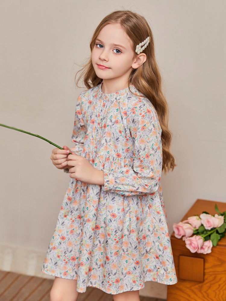 Girls' Cotton Floral Dress Pastoral Style Puff Sleeve