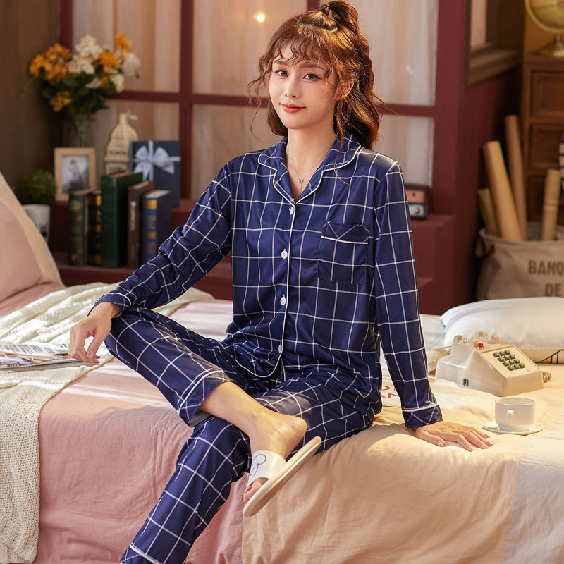 Womens Plaid Milk Silk Cardigan Pajama Set Long Pants