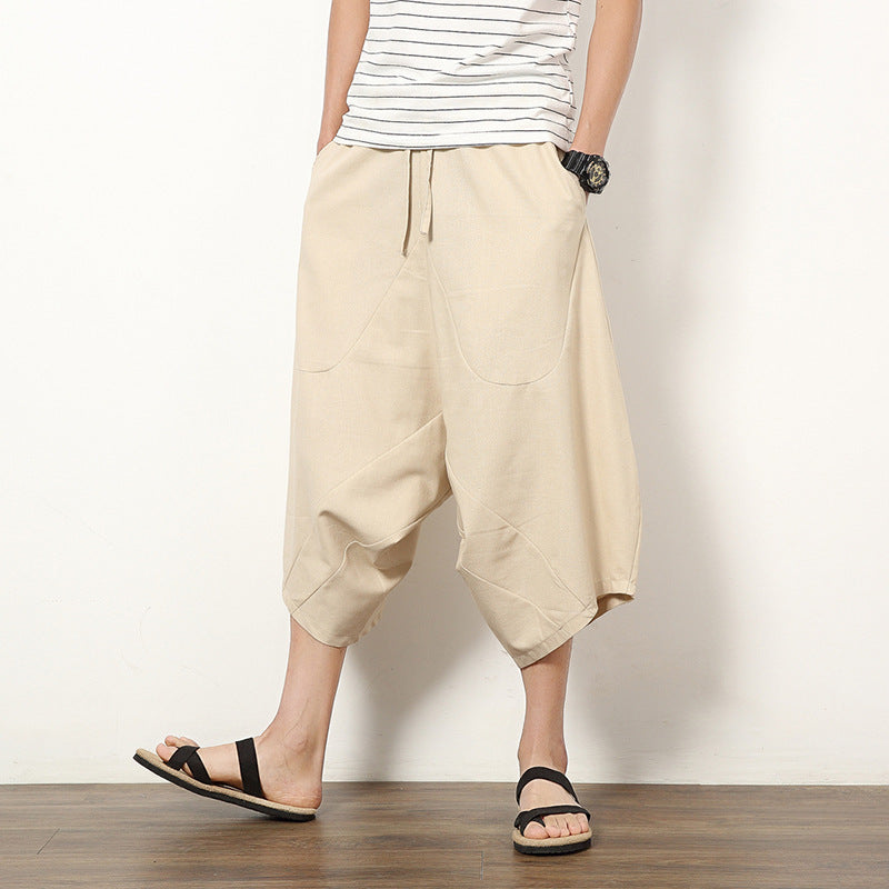 Men’s Retro Cotton Linen Lantern Pants – Solid Color Casual Style