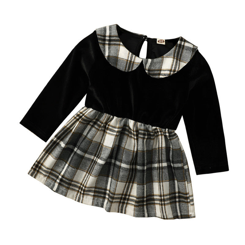 Cute Solid Color Black Long-sleeved Plaid Short Skirt Baby Dress