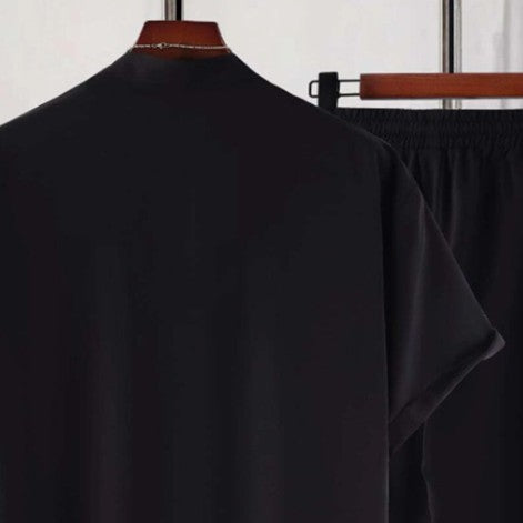 Men's Short Sleeve Cardigan Stand Collar Shirt Pants Suit