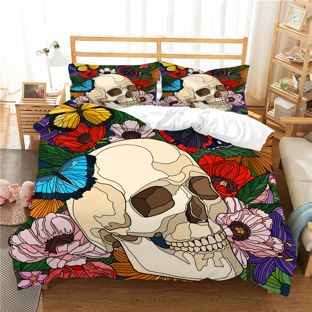 3D Printed Skull Pattern Three-Piece Chemical Fiber Bedding Set