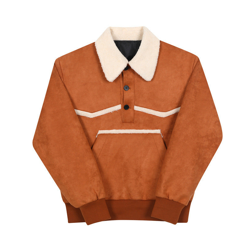 Ins Wind Faux Lambswool Fleece Lapel Pullover Sweater Jacket Men