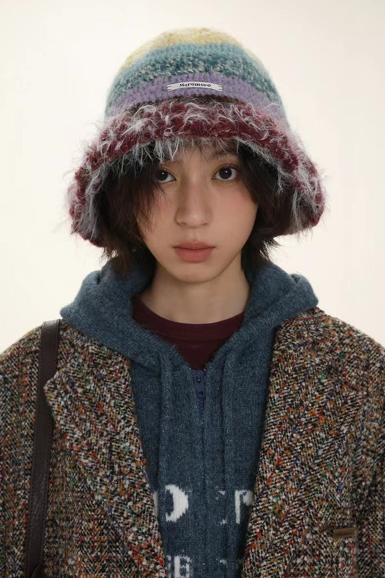 Niche Retro Contrast Color Stripes Hand Crocheting Woolen Cap