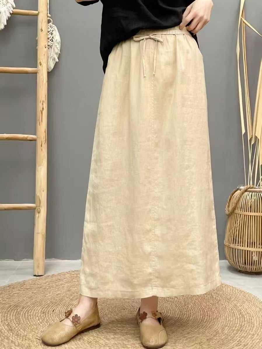 Women’s Linen Long Skirt – Solid Color Elastic Waist Maxi Skirt
