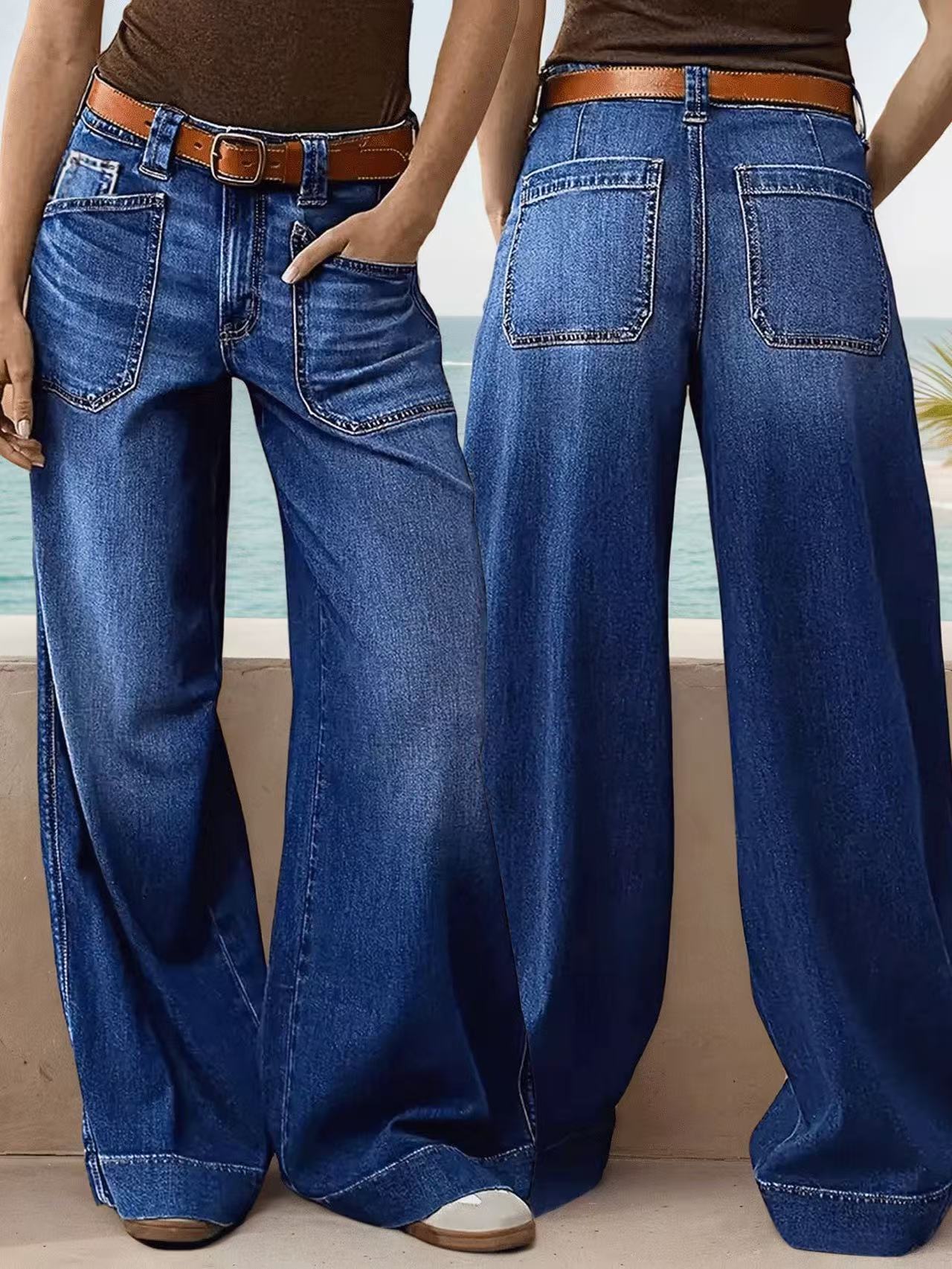Unisex Wide-Leg Flared Denim Jeans – Mid-Waist Streetwear Hip Hop Style