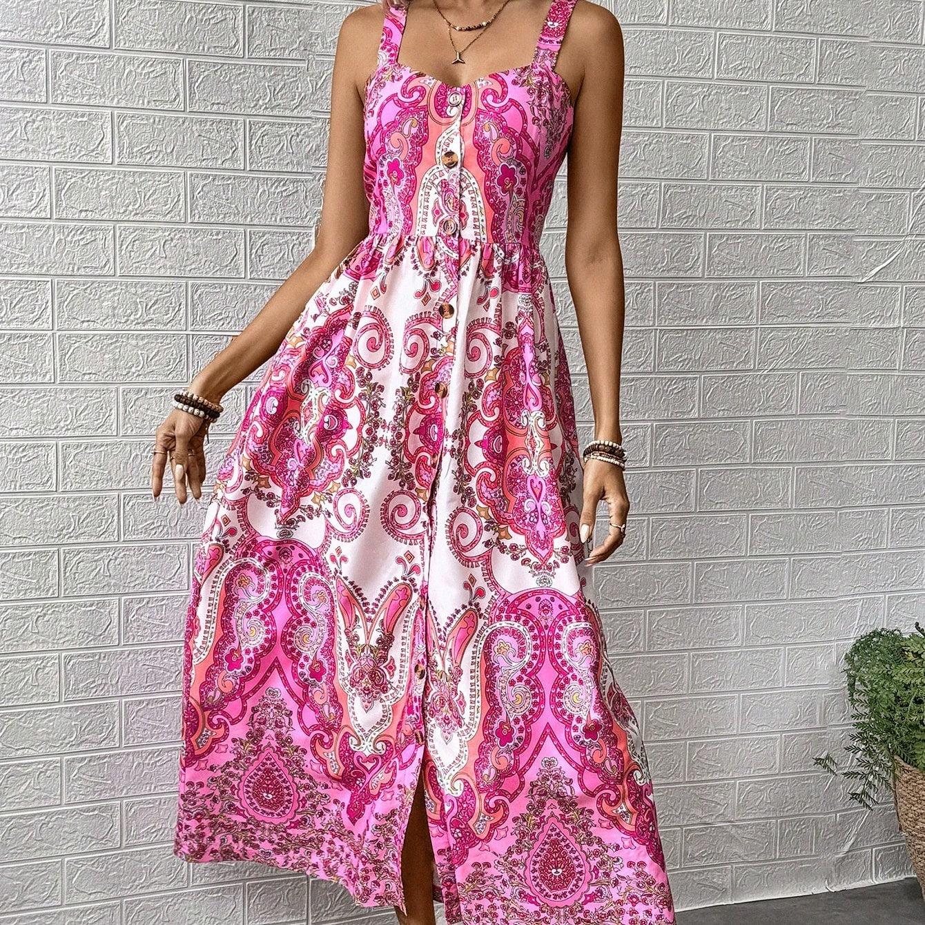 Women's Bohemian Printed Strappy Maxi Dress Polyester