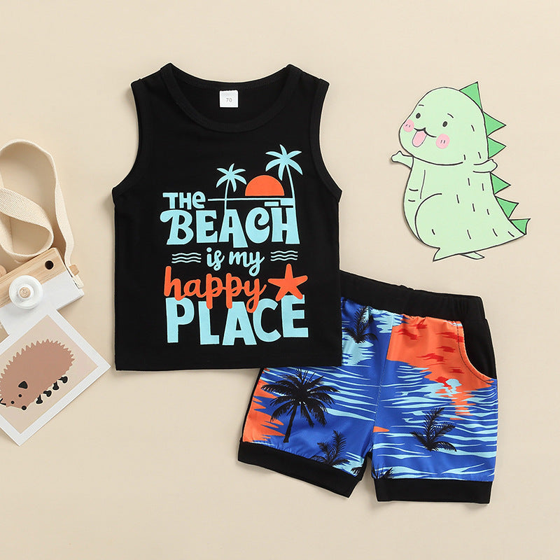 Boys Summer Seaside Vacation Style Coconut Tree Beach Suit