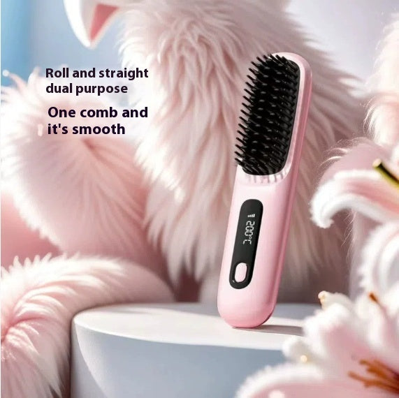 2-in-1 Wireless Hair Straightener Brush and Curler USB Rechargeable Fast Heating Comb