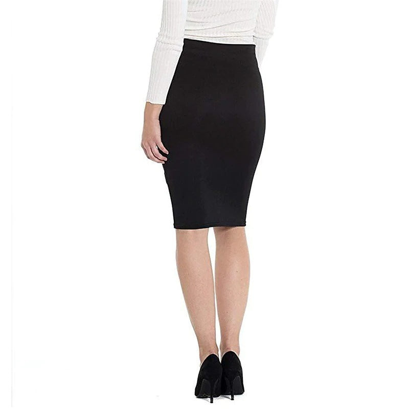 Women’s Mid-Length Elastic Waist Skirt – Solid Color Polyester Casual Skirt