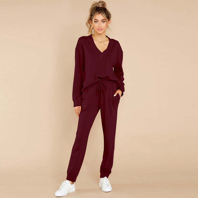 Unisex V Neck Loose Polyester Lounge Suit Solid Color